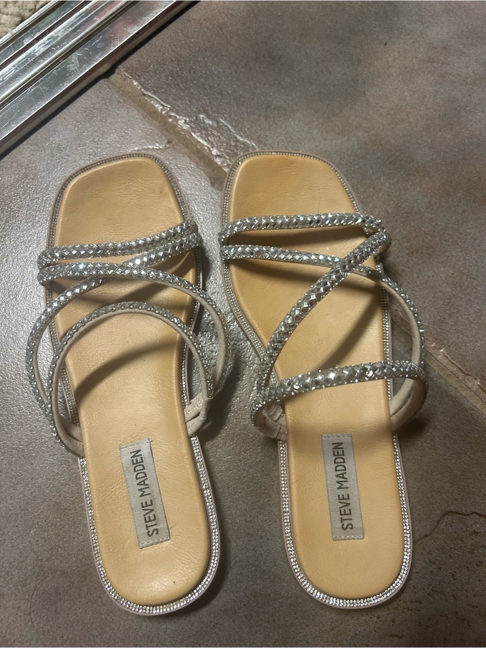 Steve Madden Crystal Embellished Silver Strappy Slide Sandals